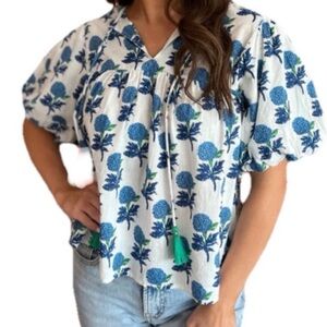 THML Floral Boho Cottage Tassel Top Floral Hydraganea Puff Sleeve Blue M